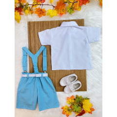 Conjunto Infantil Camisa Branca C/ Short Susp. e Gravata Azul