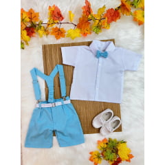 Conjunto Infantil Camisa Branca C/ Short Susp. e Gravata Azul