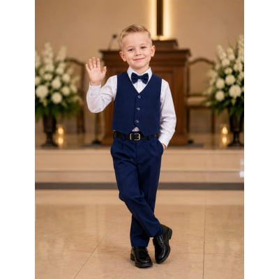 Conjunto Infantil Camisa Branca Calça Colete Azul Marinho