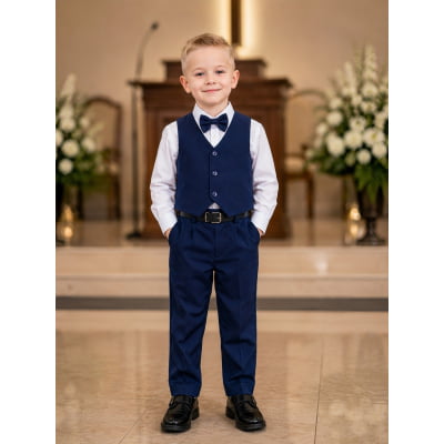 Conjunto Infantil Camisa Branca Calça Colete Azul Marinho
