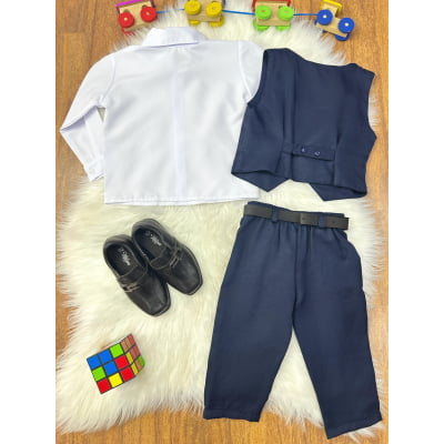 Conjunto Infantil Camisa Branca Calça Colete Azul Marinho