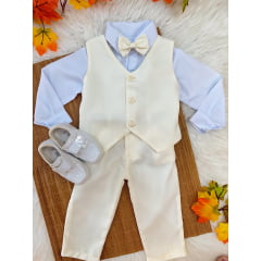 Conjunto Infantil Camisa Branca Calça Colete e Gravata Bege