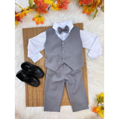 Conjunto Infantil Camisa Branca Calça Colete e Gravata Cinza