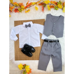 Conjunto Infantil Camisa Branca Calça Colete e Gravata Cinza