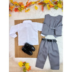 Conjunto Infantil Camisa Branca Calça Colete e Gravata Cinza