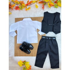 Conjunto Infantil Camisa Branca Calça Colete e Gravata Preto