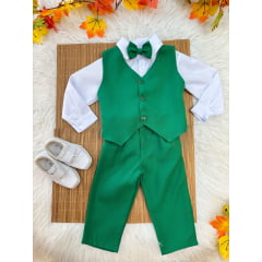 Conjunto Infantil Camisa Branca Calça Colete e Gravata Verde