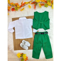 Conjunto Infantil Camisa Branca Calça Colete e Gravata Verde