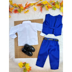 Conjunto Infantil Camisa Branca Calça Colete Grav. Azul Royal