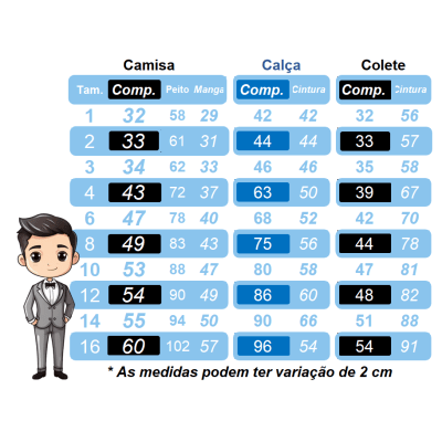 Conjunto Infantil Camisa Branca Calça Colete Grav. Azul Royal