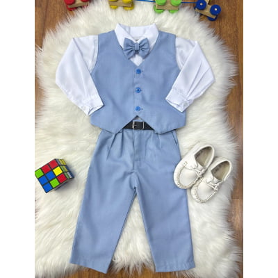Conjunto Infantil Camisa Branca Calça Colete Gravata Azul Claro