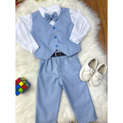 Conjunto Infantil Camisa Branca Calça Colete Gravata Azul Claro