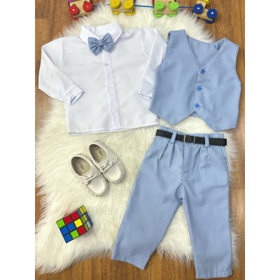 Conjunto Infantil Camisa Branca Calça Colete Gravata Azul Claro