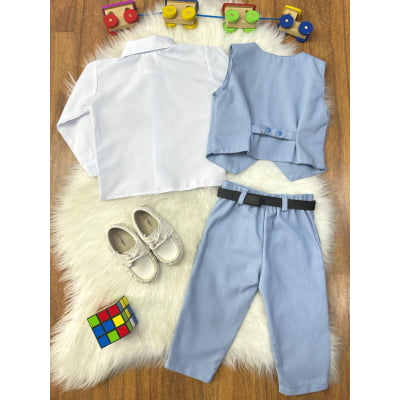 Conjunto Infantil Camisa Branca Calça Colete Gravata Azul Claro