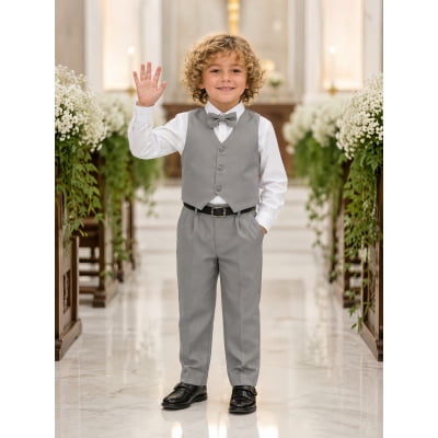 Conjunto Infantil Camisa Branca Calça Colete Gravata Cinza