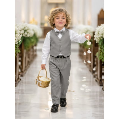 Conjunto Infantil Camisa Branca Calça Colete Gravata Cinza