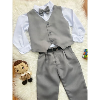 Conjunto Infantil Camisa Branca Calça Colete Gravata Cinza