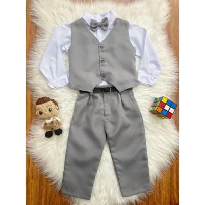 Conjunto Infantil Camisa Branca Calça Colete Gravata Cinza
