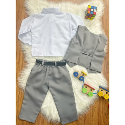 Conjunto Infantil Camisa Branca Calça Colete Gravata Cinza