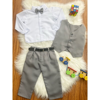 Conjunto Infantil Camisa Branca Calça Colete Gravata Cinza