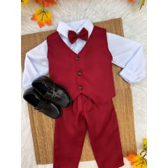 Conjunto Infantil Camisa Branca Calça Colete Gravata Marsala