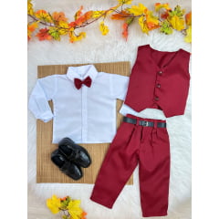 Conjunto Infantil Camisa Branca Calça Colete Gravata Marsala