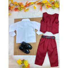 Conjunto Infantil Camisa Branca Calça Colete Gravata Marsala