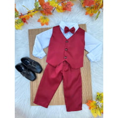 Conjunto Infantil Camisa Branca Calça Colete Gravata Marsala
