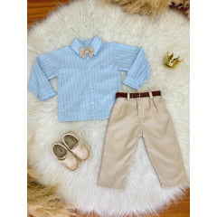 Conjunto Infantil Camisa Listrada Azul e Calça Bege Cinto