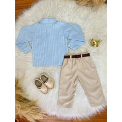 Conjunto Infantil Camisa Listrada Azul e Calça Bege Cinto