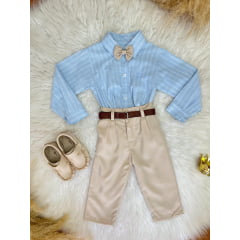 Conjunto Infantil Camisa Listrada Azul e Calça Bege Cinto