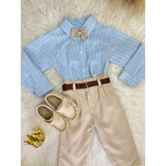 Conjunto Infantil Camisa Listrada Azul e Calça Bege Cinto