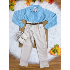 Conjunto Infantil Camisa Listrada Azul e Calça Cinto Bege