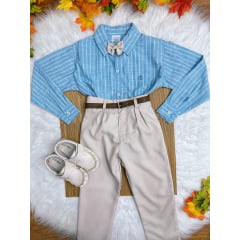 Conjunto Infantil Camisa Listrada Azul e Calça Cinto Bege