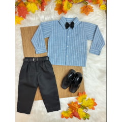 Conjunto Infantil Camisa Listrada Azul e Calça Preta Cinto