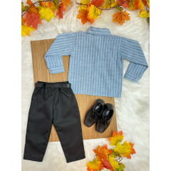 Conjunto Infantil Camisa Listrada Azul e Calça Preta Cinto