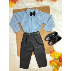 Conjunto Infantil Camisa Listrada Azul e Calça Preta Cinto