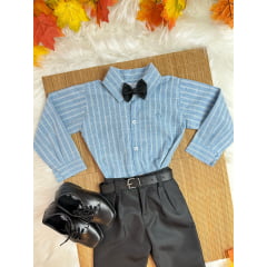 Conjunto Infantil Camisa Listrada Azul e Calça Preta Cinto