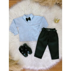 Conjunto Infantil Camisa Listrada Azul e Calça Preta Cinto 