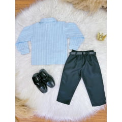 Conjunto Infantil Camisa Listrada Azul e Calça Preta Cinto 