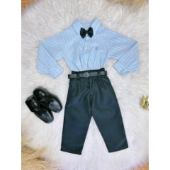 Conjunto Infantil Camisa Listrada Azul e Calça Preta Cinto 