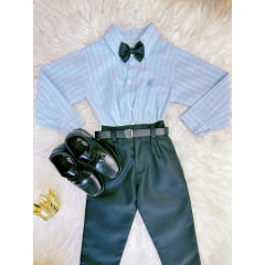 Conjunto Infantil Camisa Listrada Azul e Calça Preta Cinto 