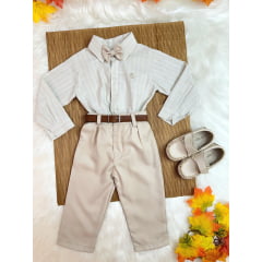 Conjunto Infantil Camisa Listrada e Calça Bege C/ Cinto