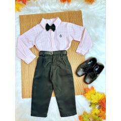 Conjunto Infantil Camisa Listrada Salmão e Calça Preta Cinto