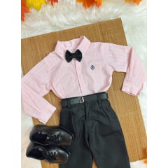 Conjunto Infantil Camisa Listrada Salmão e Calça Preta Cinto