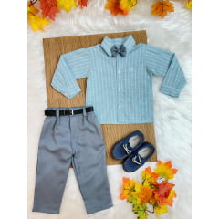 Conjunto Infantil Camisa Listrada Verde e Calça Cinza Cinto