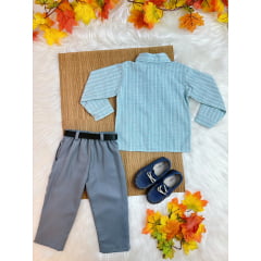 Conjunto Infantil Camisa Listrada Verde e Calça Cinza Cinto