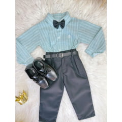 Conjunto Infantil Camisa Listrada Verde e Calça Preta Cinto