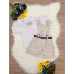 Conjunto Infantil Suspensório Cinto e Gravata Branco Bege