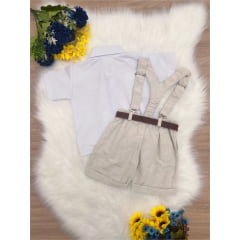 Conjunto Infantil Suspensório Cinto e Gravata Branco Bege